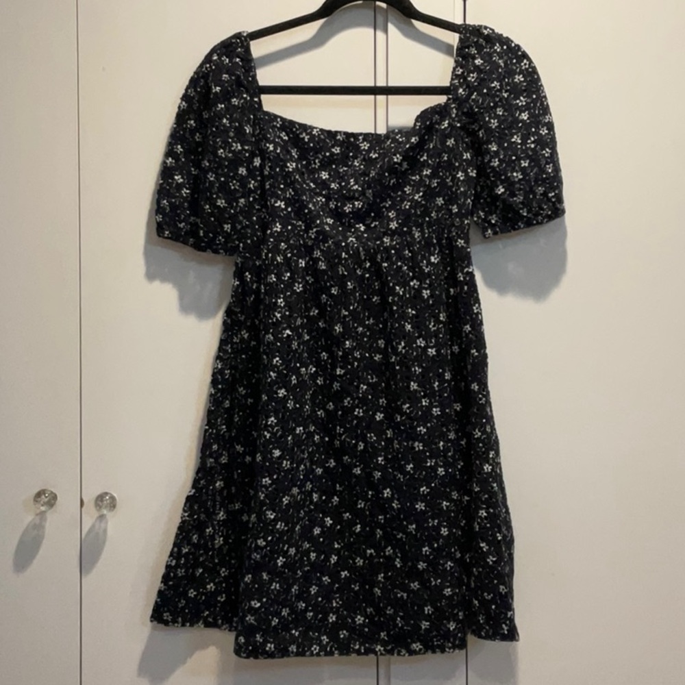 Maeve Lillian Cottagecore milkmaid navy blue and white floral eyelet dress